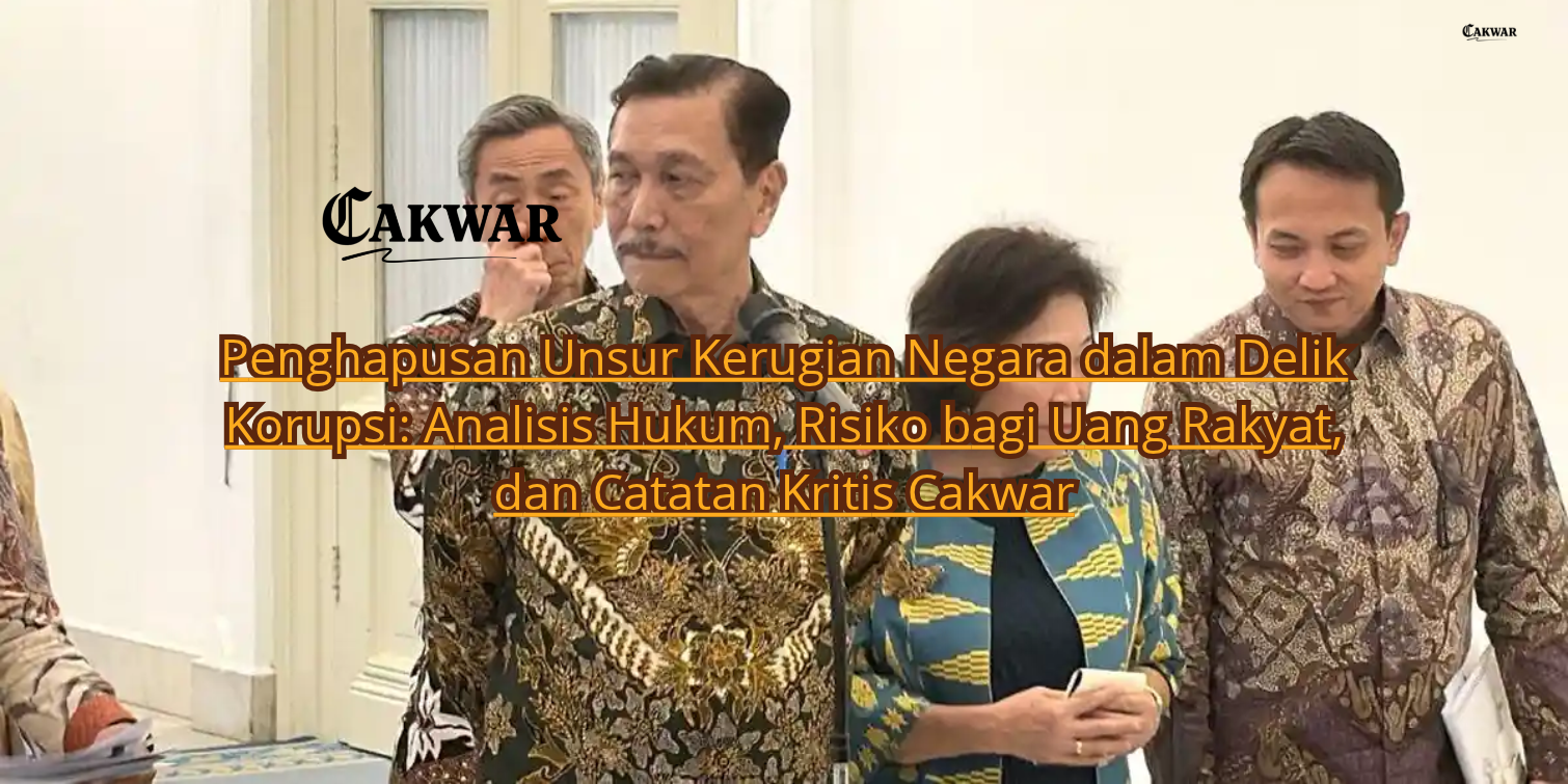 Penghapusan Unsur Kerugian Negara dalam Delik Korupsi: Analisis Hukum, Risiko bagi Uang Rakyat, dan Catatan Kritis Cakwar